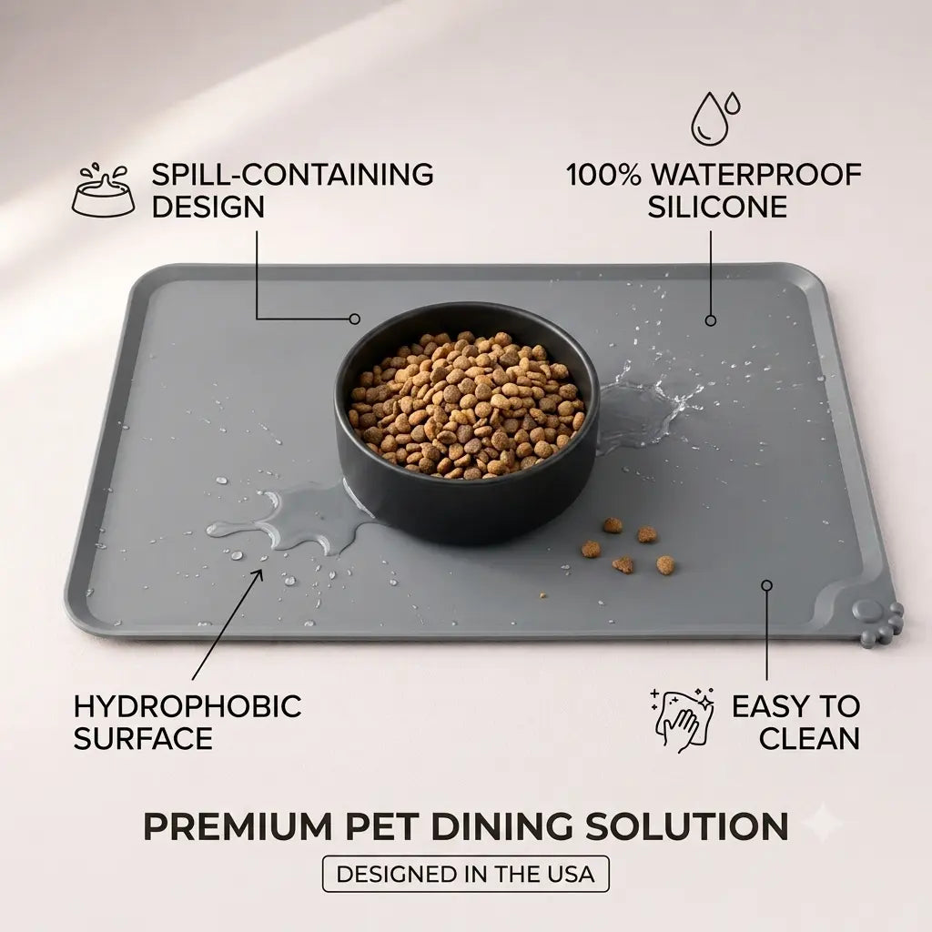 Pawren Eco-Friendly Waterproof Silicone Dog Bowl Tray - Bone-Shaped, Raised Edges Prevents Spills, Easy-Clean Pet Feeding Mat for Travel, Floor Protection, Small/Large Messy Eaters