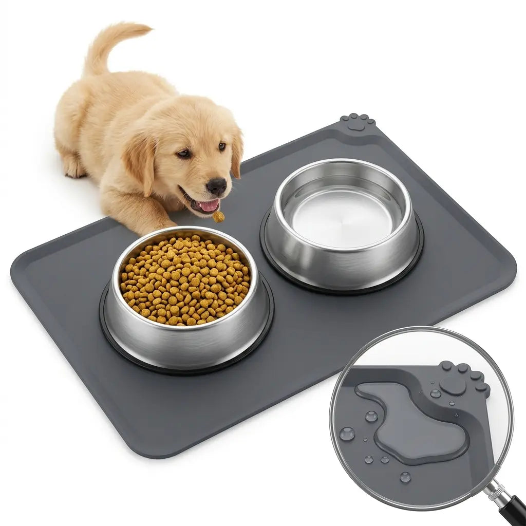 Pawren Eco-Friendly Waterproof Silicone Dog Bowl Tray - Bone-Shaped, Raised Edges Prevents Spills, Easy-Clean Pet Feeding Mat for Travel, Floor Protection, Small/Large Messy Eaters