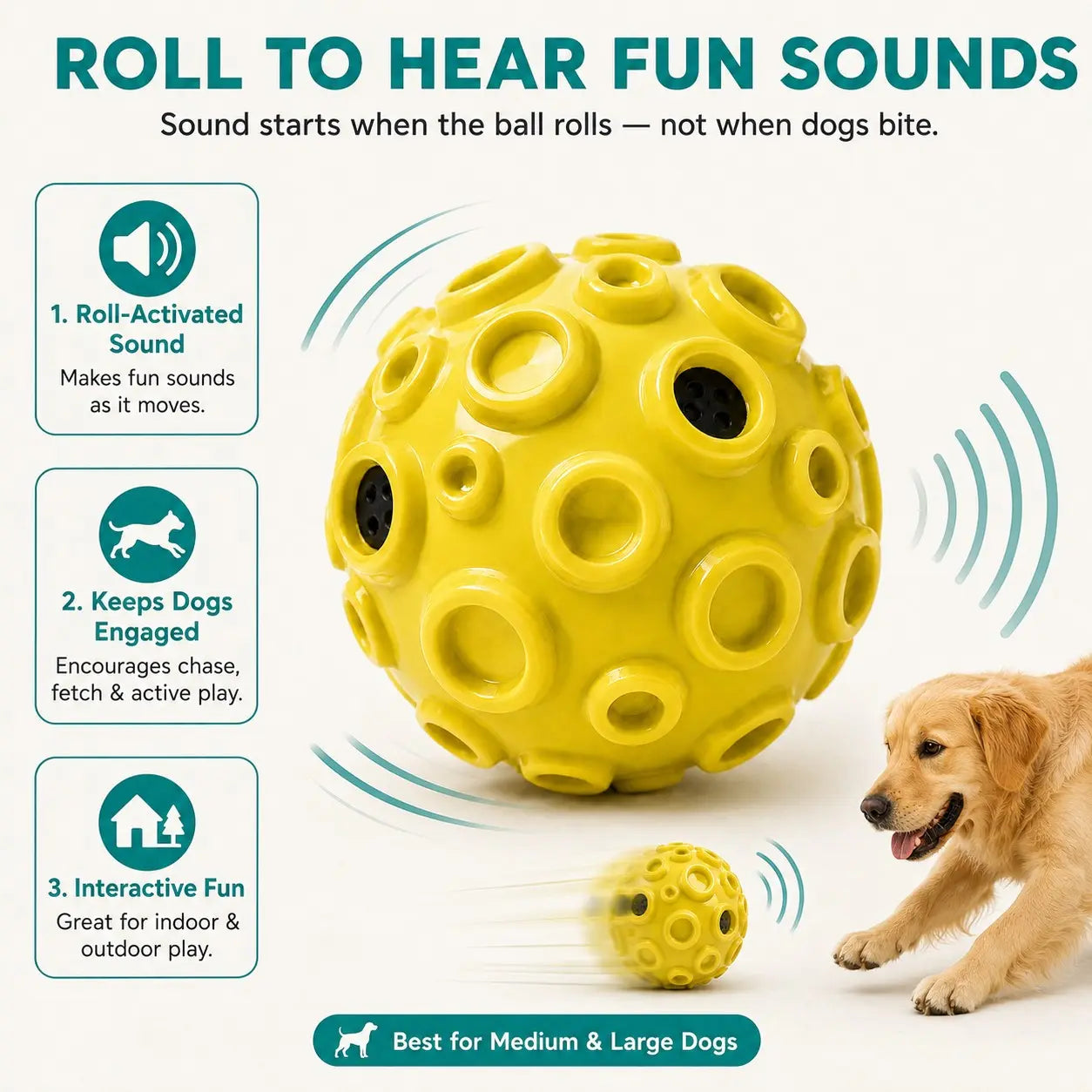 Dog Rolling Sound Ball, 4.72In Floating TPR Interactive Dog Toy for Medium & Large Dogs, Outdoor Fetch Ball for Chase, Water Play & Exercise