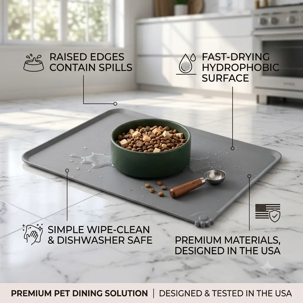Pawren Eco-Friendly Waterproof Silicone Dog Bowl Tray - Bone-Shaped, Raised Edges Prevents Spills, Easy-Clean Pet Feeding Mat for Travel, Floor Protection, Small/Large Messy Eaters