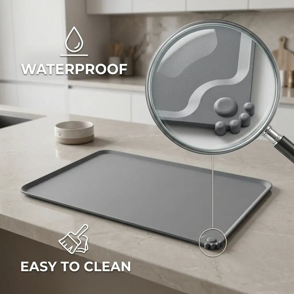 Pawren Eco-Friendly Waterproof Silicone Dog Bowl Tray - Bone-Shaped, Raised Edges Prevents Spills, Easy-Clean Pet Feeding Mat for Travel, Floor Protection, Small/Large Messy Eaters